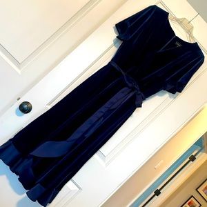 Stunning navy velvet dress with satin trim and flutter sleeves